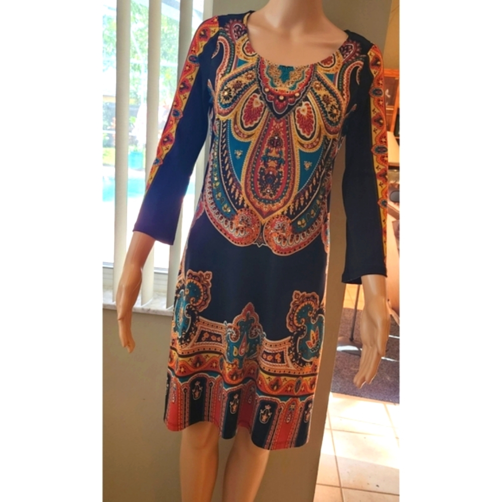 INC International Concepts Shift Dress Multi-Colored Beaded Boho Size S